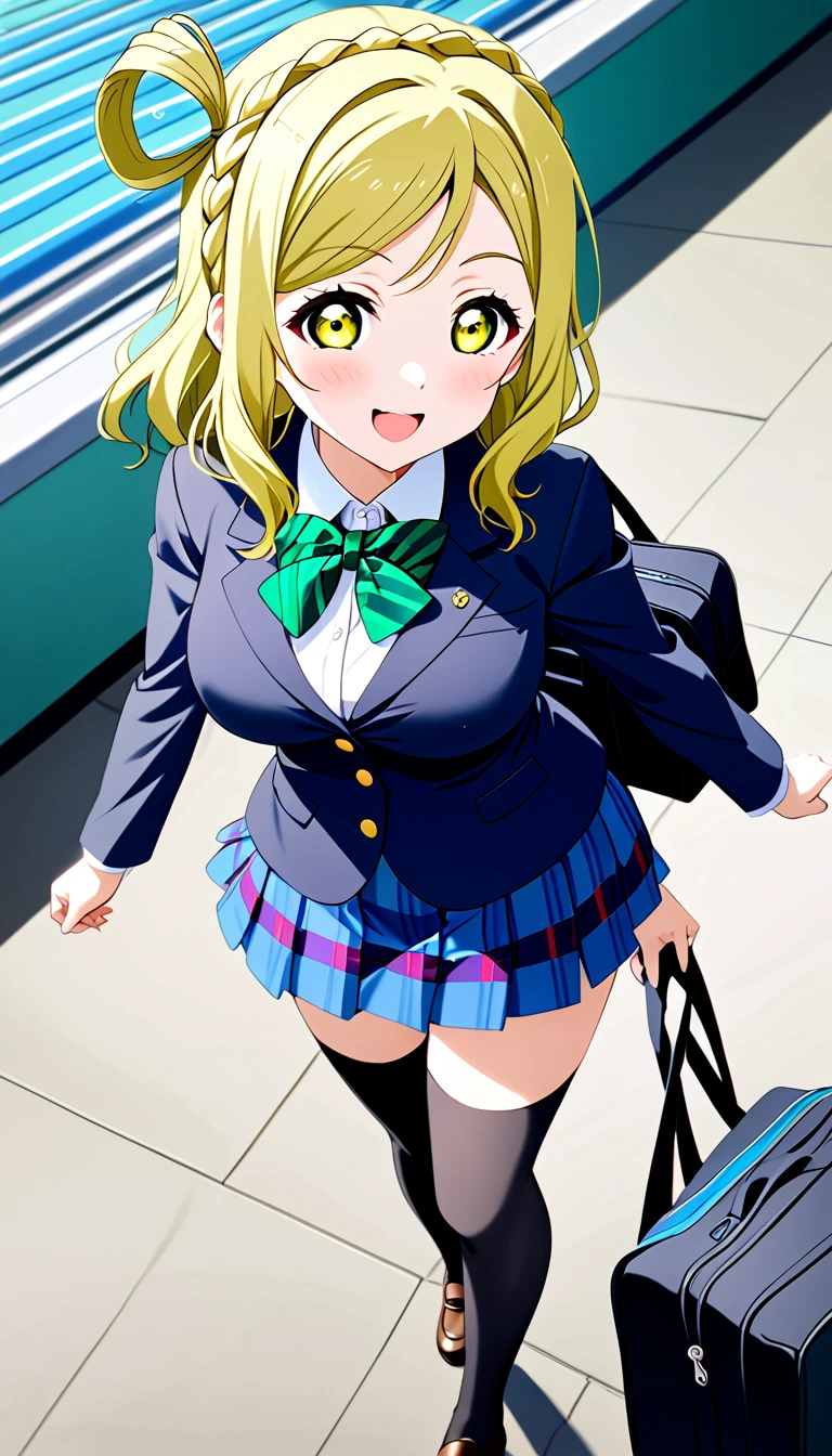 ohara mari, love live! sunshine!, hair rings, blonde hair, yellow eyes, crown braid, medium hair, large breasts , otonokizaka ,winter uniform, green striped bow tie, navy blue blazer, blue striped skirt, closed mouth,walking on school floor,holding a school bag,from above :d, knee high socks, (1girl), (solo),BREAK score_9, score_8_up, score_7_up, score_6_up, source_anime