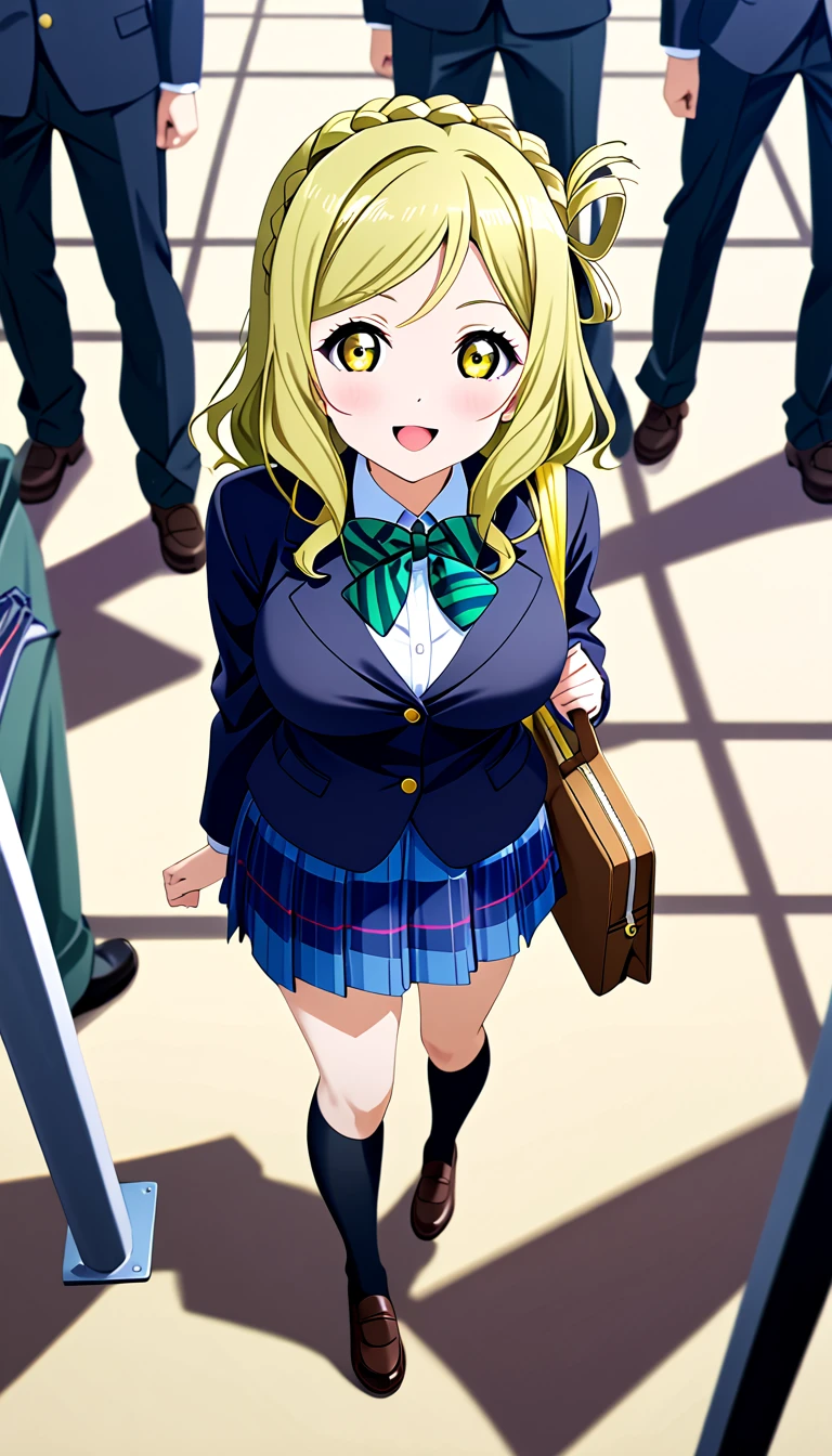 ohara mari, love live! sunshine!, hair rings, blonde hair, yellow eyes, crown braid, medium hair, large breasts , otonokizaka ,winter uniform, green striped bow tie, navy blue blazer, blue striped skirt, closed mouth,walking on school floor,holding a school bag,from above :d, knee high socks, (1girl), (solo),BREAK score_9, score_8_up, score_7_up, score_6_up, source_anime