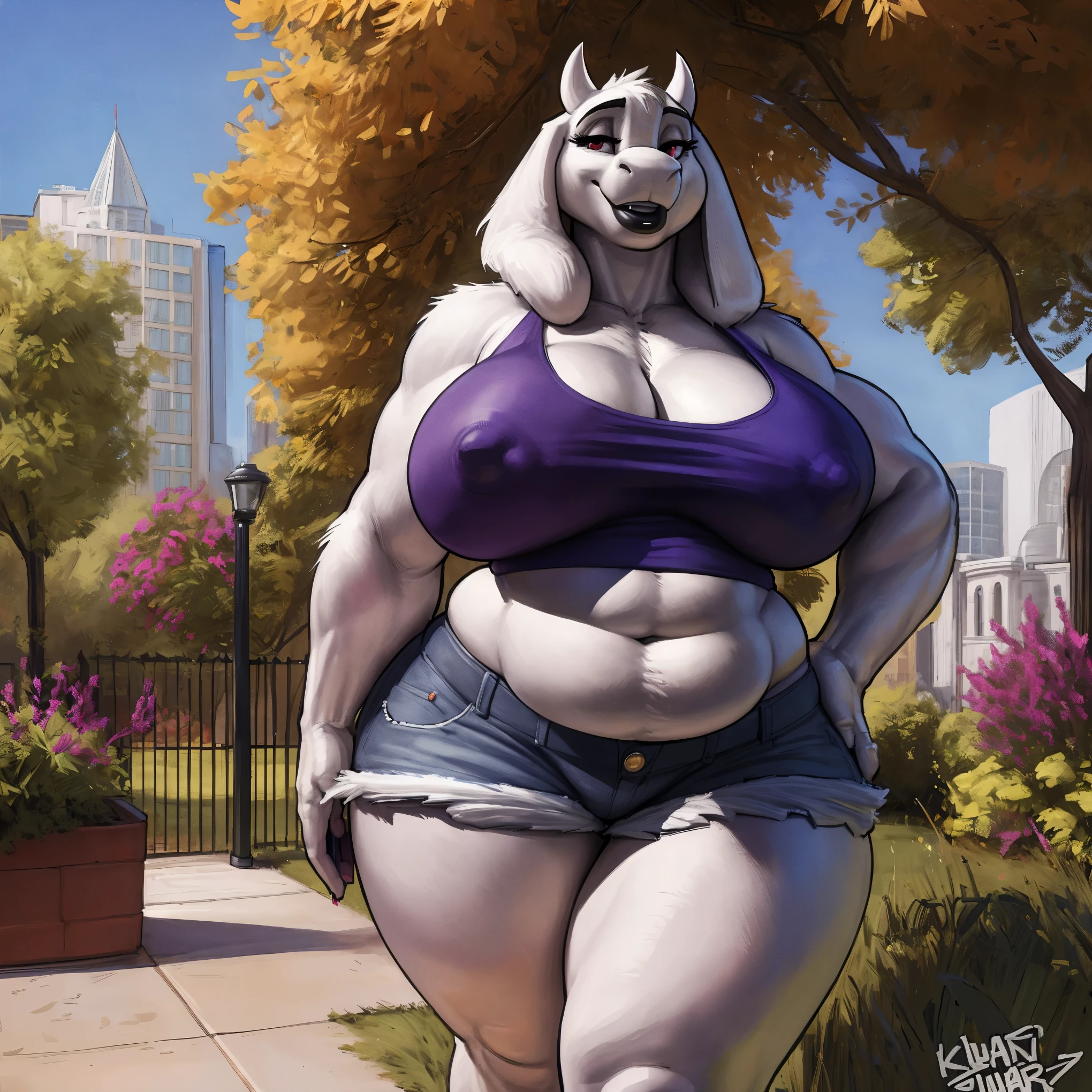 by darkgem, by duase, by kevinsano, by bng, by sligarthetiger, by zaush, solo, 1girl, toriel, maroon eyes, female, older woman, furry body, chubby, heavyset, broad shoulders, wide body, thick thighs, big arms, (huge breasts:1.1), heavy breasts, nipple outline, highly detailed eye, (black pupil:1.3), milf, tank top, (bare midriff:1.3), cleavage, large areolae, denim cutoffs, visible thong straps, Masterpiece, best quality, absurd res, highly detailed, cleanly drawn eyes, park environment, standing upright, cute smile, (big bottom lip:1.2), black lipstick, casual posture, 