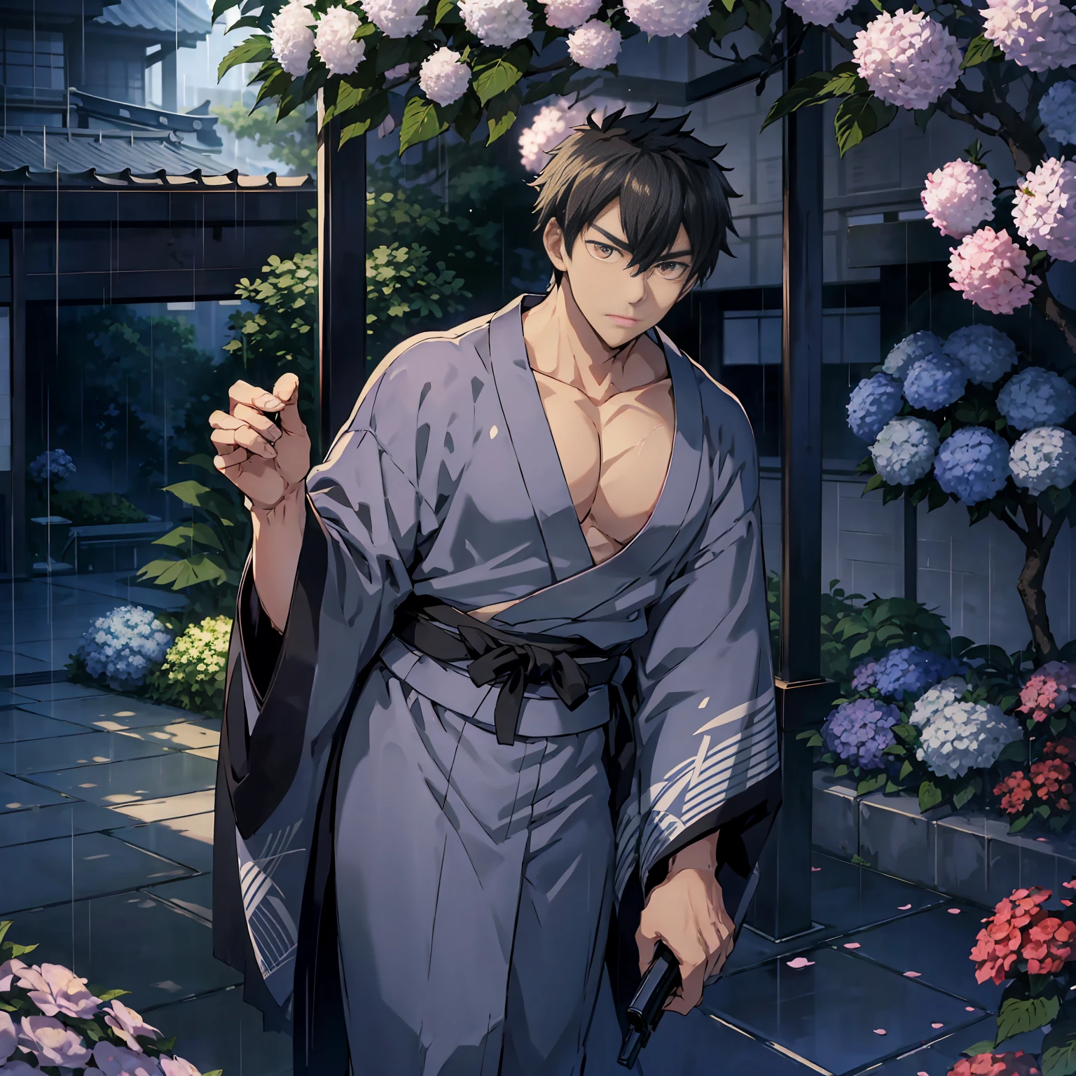 Japanese male, alone, full body visible, young man in late 20s, young man standing in rain, holding Japanese umbrella, surrounded by hydrangea flowers, picturesque Japanese cityscape, anime-like image, high resolution, fantastic atmosphere, looking directly at us, Shinkai Makoto, Shinkai Makoto style, Young man standing on right side, thin young man, serious expression, black hair, navy blue kimono kimono, black obi, black geta, person to right, left side empty, top quality, clear eyes