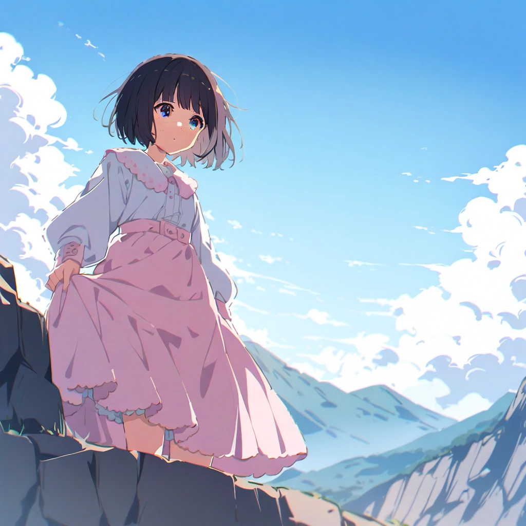 Black straight bob girl、freckles、Pink knee-length skirt、White blouse、Shyness、White underskirt、Sad look、Standing on a cliff、Low - Angle、Strong winds、blue sky