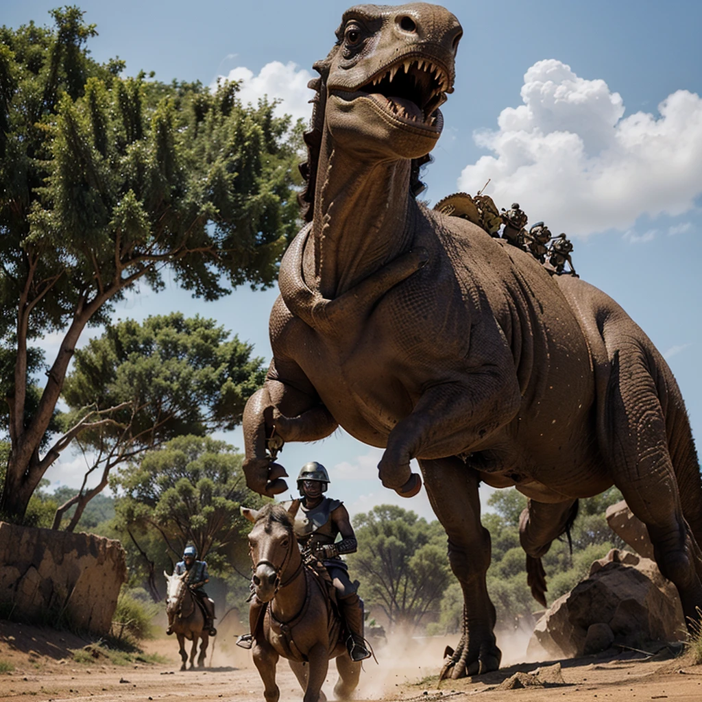 Camera pans out to reveal War scene Featuring African warriors saddled atop dinosaurs, the warriors wield lightsabers as they ride dinosaurs across the battlefield and spaceships flying overhead In the background