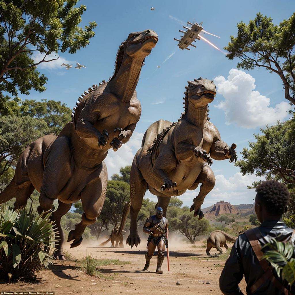 Camera pans out to reveal War scene Featuring African warriors saddled atop dinosaurs, the warriors wield lightsabers as they ride dinosaurs across the battlefield and spaceships flying overhead In the background 