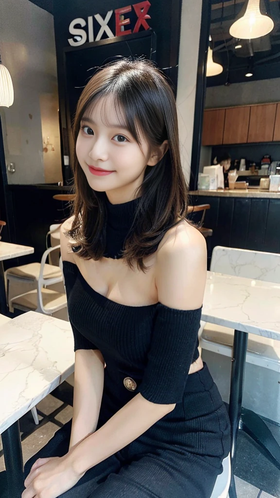 18 years old girls，Perfect face and，cute clothing，slim and slender physique。The skin has detailed and highly detailed eyes（1.1 emphasis），Very detailed skin texture（1.1 emphasiodel photo style，realisticlying，skin texture is real human skin texture，Detailed Skin Pore，Complicated details，The eyes are very detailed，kneesup，Attractive and sexy chibi，smile，，Eat parfait at a café，sitted，Dark blue knit sweater，black long pants，coffeehouse，tit，areola of breast，full bodyesbian，Full-body photography，Full body photography，Full body like，Slim waistline， Tempting,  slutty, ((Topless))， (Realistic, photograph realistic:1.37), Cinematic light