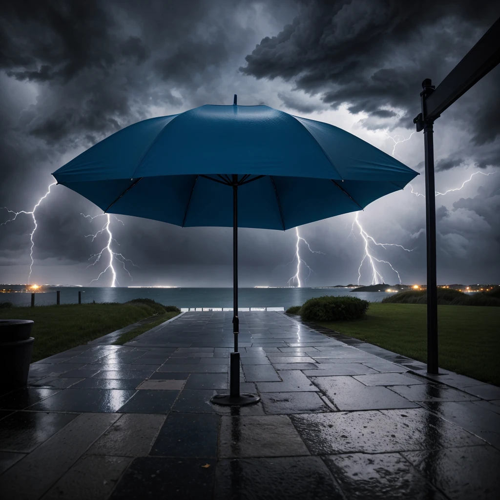 A central image of a blue umbrella in a stormy environment. The blue umbrella is large, vivid, and protective. Under the umbrella, the ground is dry, and a person stands confidently, shown in silhouette. The inside of the umbrella area is calm and lit with warm colors, while outside, there's heavy rain, lightning, and strong winds with dark, stormy colors. The contrast between the inside and outside of the umbrella should highlight the protection and tranquility it offers amidst the chaos.