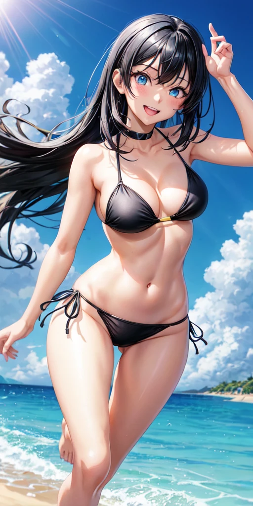 # Prompt for SeaArt
Create an anime-style illustration of a girl with the following characteristics:
- Wearing a black bikini
- Long black hair
- Blue eyes
- Energetic and smiling
- Running towards the viewer
Background:
- A sunny beach during the day
Art style:
- Bright and colorful anime style with emphasis on the character's expression and movement