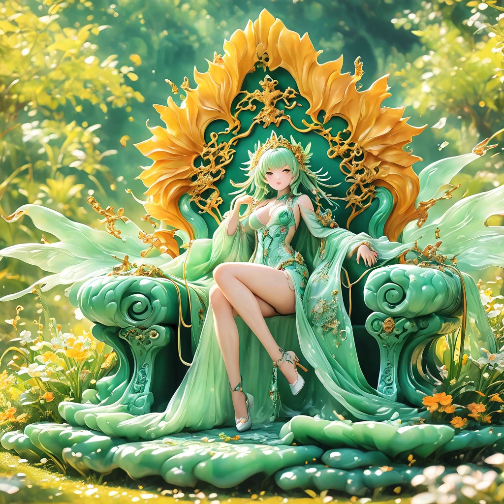best quality, very good, 16K, ridiculous, Very detailed, gorgeous((( Throne 1.3))),Made of translucent jadeite, Background grassland((A masterpiece full of fantasy elements))), ((best quality)), ((Intricate details))(8K)
