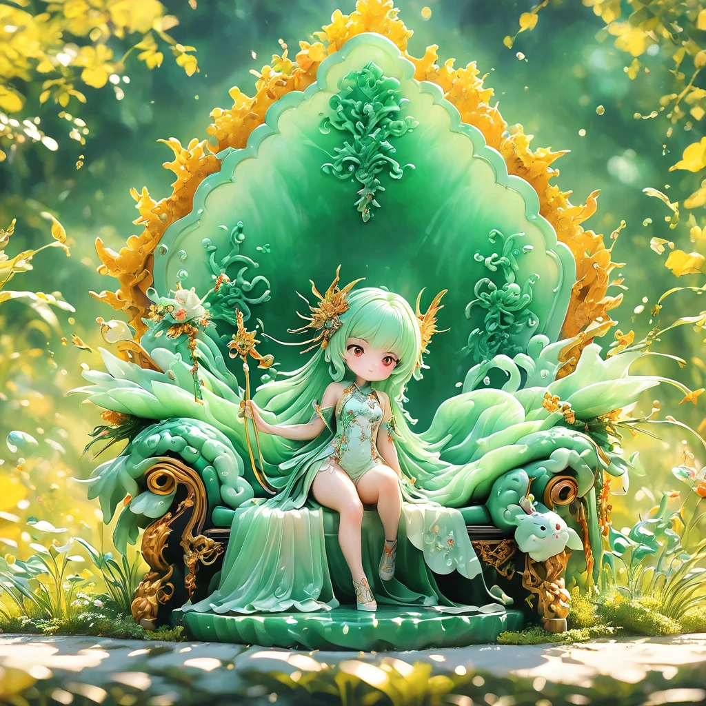 best quality, very good, 16K, ridiculous, Very detailed, gorgeous((( Throne 1.3)))，Made of translucent jadeite, Background grassland（（A masterpiece full of fantasy elements）））， （（best quality））， （（Intricate details））（8K）