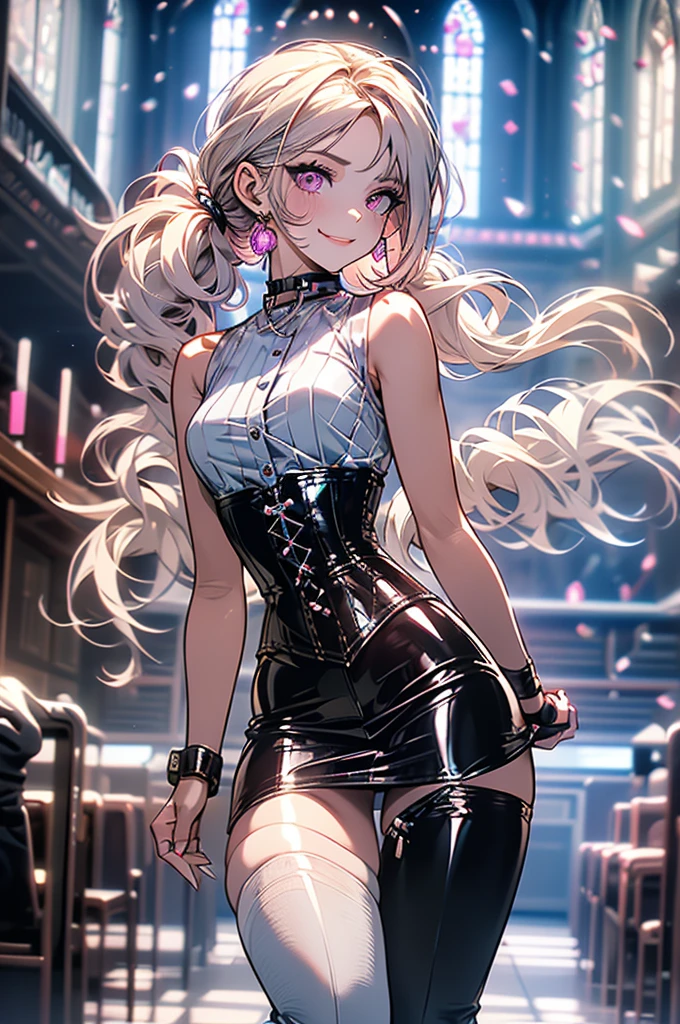 (perfect anatomy) an 18 year old girl, small, 1.50cm tall, very slender, without curves, straight chest, thin thighs, small butt, white skin, pink eyes, white hair tied in twintails (leather skirt, corset leather, short boots) In a medieval church, magic, slutty smile, licking the lip, flushed face, rape face,