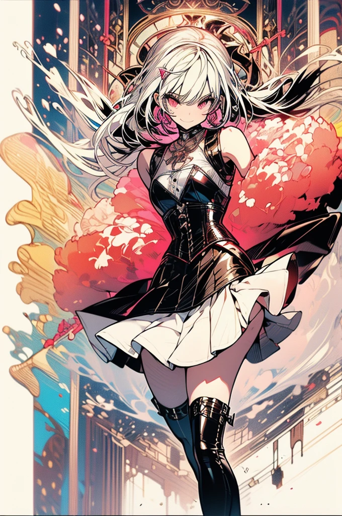 (perfect anatomy) an 18 year old girl, small, 1.50cm tall, very slender, without curves, straight chest, thin thighs, small butt, white skin, pink eyes, white hair tied in twintails (leather skirt, corset leather, short boots) In a medieval church, magic, slutty smile, licking the lip, flushed face, rape face,