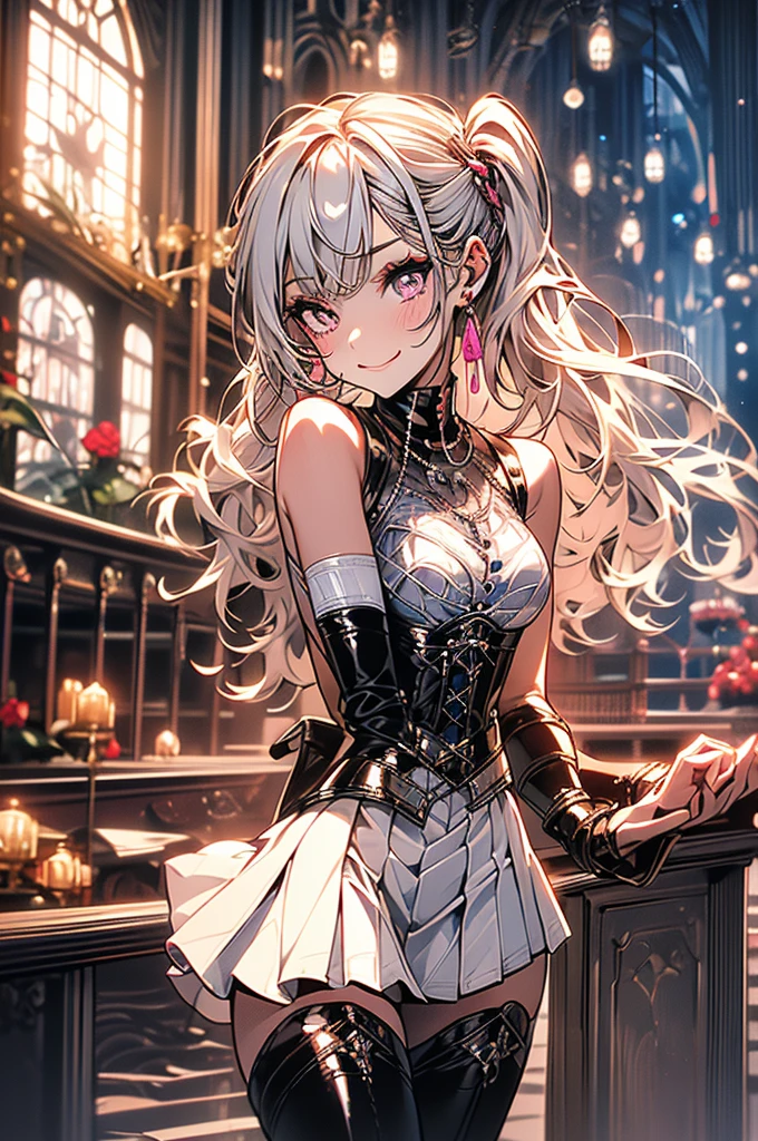 (perfect anatomy) an 18 year old girl, small, 1.50cm tall, very slender, without curves, straight chest, thin thighs, small butt, white skin, pink eyes, white hair tied in twintails (leather skirt, corset leather, short boots) In a medieval church, alone magic, slutty smile, licking the lip, flushed face, face of rape,
