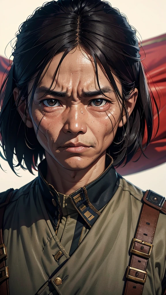 Realistic ultra HD close-up portrait, An indonesian hero wearing war clothes, Wrinkles, Facial expression showing strong emotions