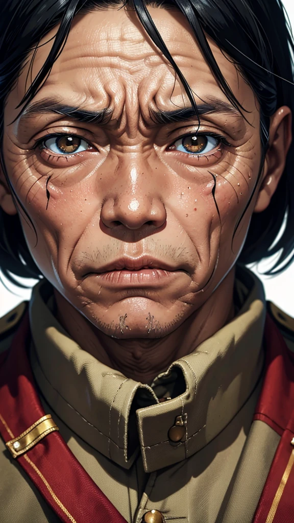 Realistic ultra HD close-up portrait, An indonesian hero wearing war clothes, Wrinkles, Facial expression showing strong emotions
