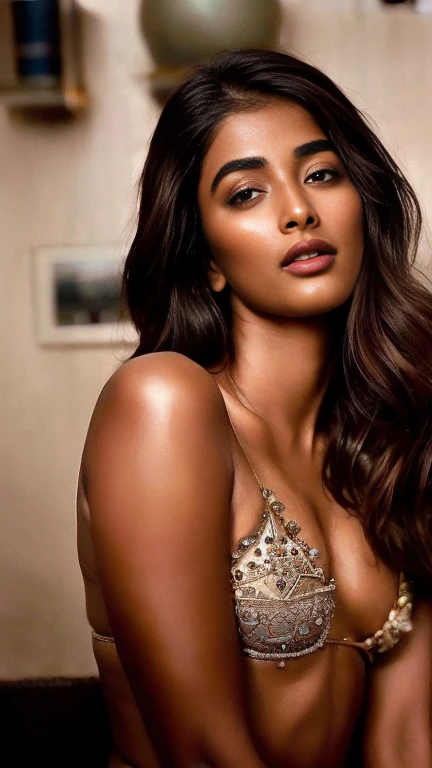 extreme close up photo of semi naked Pooja hegde,slim, 30 year old, bikini, bedroom, (cinematic:1.3), intricate details, (ArtStation:1.2),((extremely beautiful face))