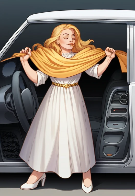 ((Masterpiece)), ((Best Quality)), 8K, HD, Super Detail, (Woman), (White dress studded with yellow gold rims), (Golden hair shawl scattered), (Expression closed eyes) (Sleeping in a car 1.6) (Full Body Display 1.4) The artwork is a masterpiece, with the best quality and super detail, captured in 8K HD. Photographic realistic, realistic, very detailed illustrations realistic, octane rendering