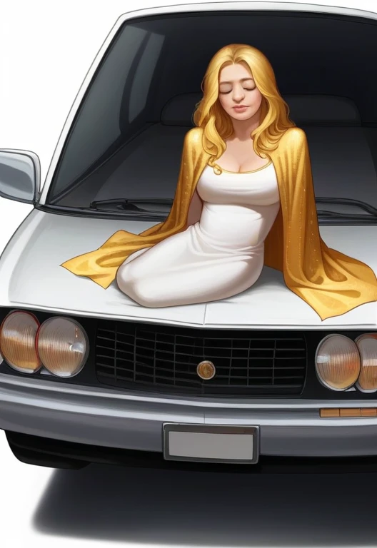 ((Masterpiece)), ((Best Quality)), 8K, HD, Super Detail, (Woman), (White dress studded with yellow gold rims), (Golden hair shawl scattered), (Expression closed eyes) (Sleeping in a car 1.6) (Full Body Display 1.4) The artwork is a masterpiece, with the best quality and super detail, captured in 8K HD. Photographic realistic, realistic, very detailed illustrations realistic, octane rendering