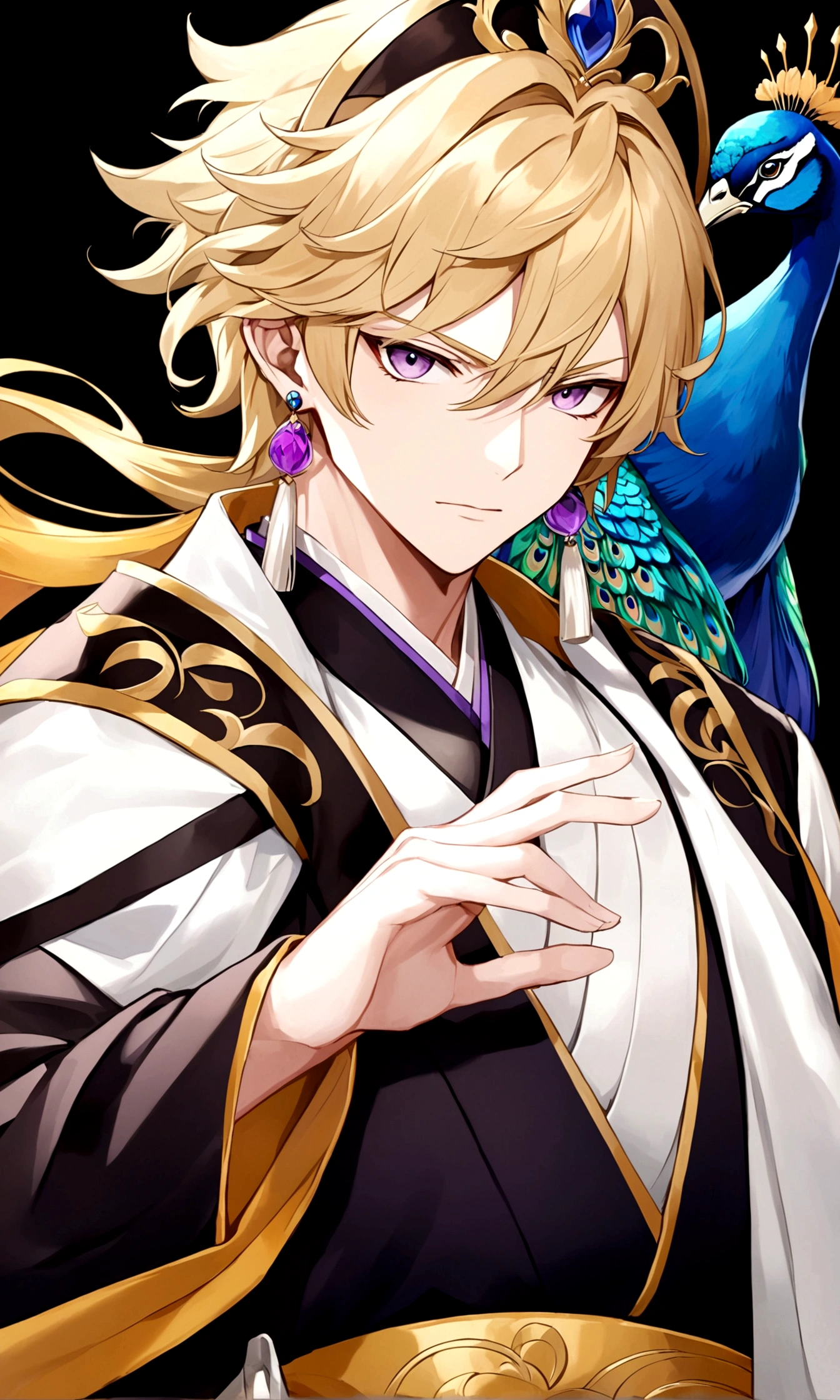 individual,Beautiful painting style,handsome guy,Curly hair,Blue Hair,Soft hair,Beautiful and dignified appearance,Contempt,Positive face,The red color seems to contain the eyes of the starry sky,,Three-dimensional facial features,Peerless face,Exquisite and gorgeous,illustration,night,,,Diamond-set gemstones have a delicate pattern,Diamond items,Gem items,Jewel headdress,Gorgeous earrings in blue gemstone metal,帝国magic师,sacred,Inviolability,,Looking down on the world, majesty,magic,A gorgeous kimono with cyan inlaid gemstones,, crystal华丽饰品,Gem items,Pearl tassels,ribbon,, Exquisite hairstyle,Royal sister,Dressed in green,Birch forest,crystal,crystal,,White lilies bloom,Long eyelashes,Sitting on a stone,Soft Light,Clothes are conservative,Not exposed,feathered shawl, A kimono with exquisite patterns of the royal family,snow,The clothes are embellished with peacock feather patterns,man,handsome guy,muscle,hansome,emperor