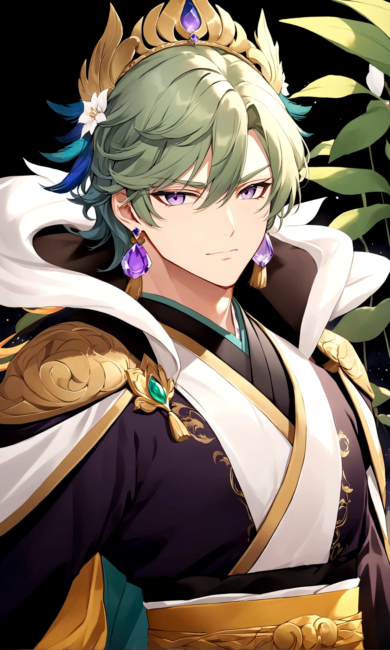 individual，Beautiful painting style，handsome guy，Curly hair，Blue Hair，Soft hair，Beautiful and dignified appearance，Contempt，Positive face，The red color seems to contain the eyes of the starry sky，，Three-dimensional facial features，Peerless face，Exquisite and gorgeous，illustration，night，，，Diamond-set gemstones have a delicate pattern，Diamond items，Gem items，Jewel headdress，Gorgeous earrings in blue gemstone metal，帝国magic师，sacred，Inviolability，，Looking down on the world， majesty，magic，A gorgeous kimono with cyan inlaid gemstones，， crystal华丽饰品，Gem items，Pearl tassels，ribbon，， Exquisite hairstyle，Royal sister，Dressed in green，Birch forest，crystal，crystal，，White lilies bloom，Long eyelashes，Sitting on a stone，Soft Light，Clothes are conservative，Not exposed，feathered shawl， A kimono with exquisite patterns of the royal family，snow，The clothes are embellished with peacock feather patterns，man，handsome guy，muscle，hansome，emperor