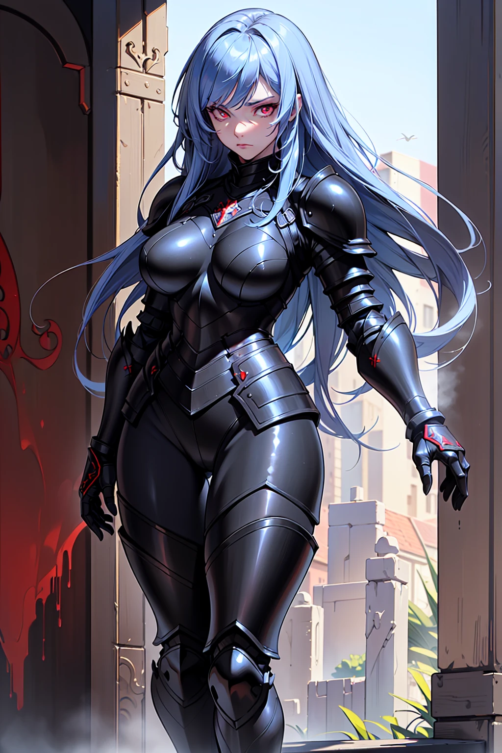 ((masterpiece:1.2, best quality, ultra detailed, absurdres, perfect anatomy, perfect hands)), (((1 woman))), long blue hair, red eyes, fit, ((( completely black heavy armor))), massive ,