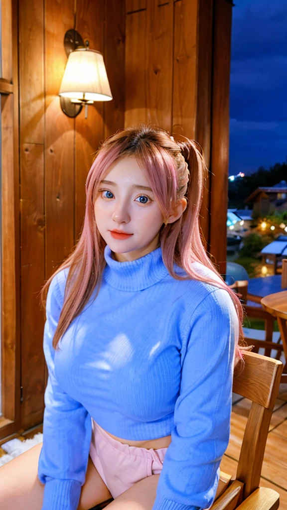 Beautiful Girl, Beautiful, Baby Face, 20 Years, White Skin, Cleavage, Colossal Breasts, Side Pose, Clothes Band, Turtleneck Crop Top, Mini Shirt, Blue Eyes, Muscles, Bokeh sitting on chair, Modern Place Background, wooden house  Work, Full Body Shot, from under side Pink hair
