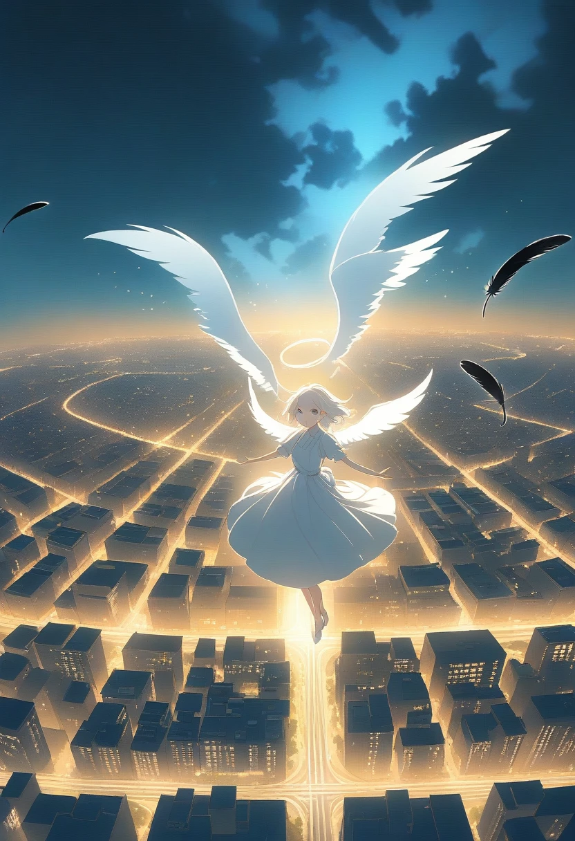 The image depicts a female angel floating above a city at night.。. The city lights shine golden、Create a dramatic atmosphere, Its delicate presence and black feathers contrast with the urban environment.。. Women seem protective and cautious.