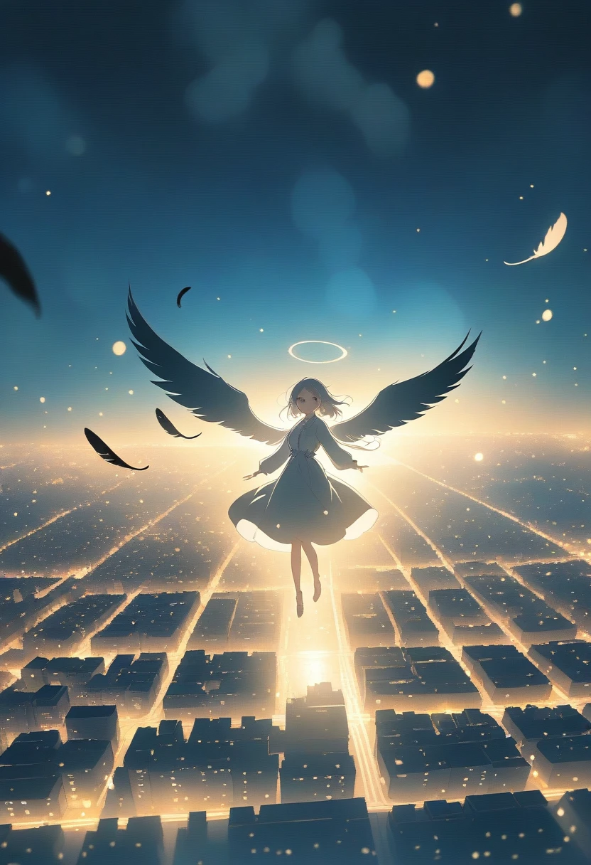 The image depicts a female angel floating above a city at night.。. The city lights shine golden、Create a dramatic atmosphere, Its delicate presence and black feathers contrast with the urban environment.。. Women seem protective and cautious.