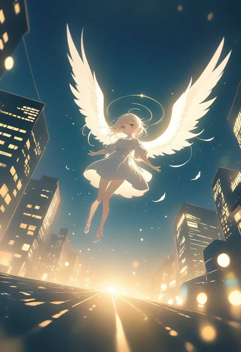 The image depicts a female angel floating above a city at night.。. The city lights shine golden、Create a dramatic atmosphere, Its delicate presence and black feathers contrast with the urban environment.。. Women seem protective and cautious.