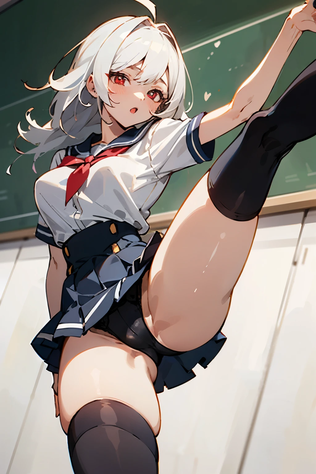 ((best quality)), ((masterpiece)), (detailed), 1girl, anime girl, white hair,
High school students, playful tags,Classroom background, black stockings, sexy,4k quality,Vitality girl,red pupils,voluptuous legs