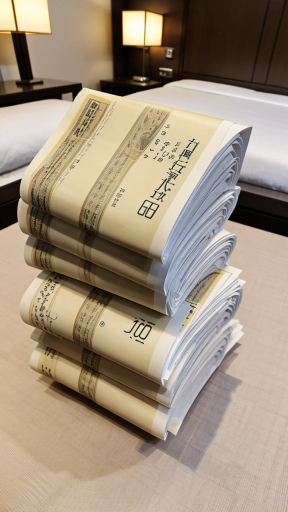 A stack of Japanese 10,000 yen bills on a bed，Highest quality，8K，Realistic Paper，A bundle of 100 million yen，A luxury hotel room，