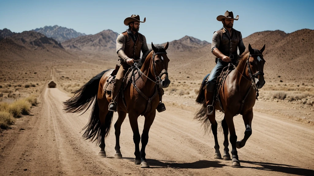 lone muscled gunslinger named Johnny riding into the deserted town of Redemption on his horse. Johnny wears black cowboy outfit, ultrarealistic, 8K ultra HD, Cinematic shot