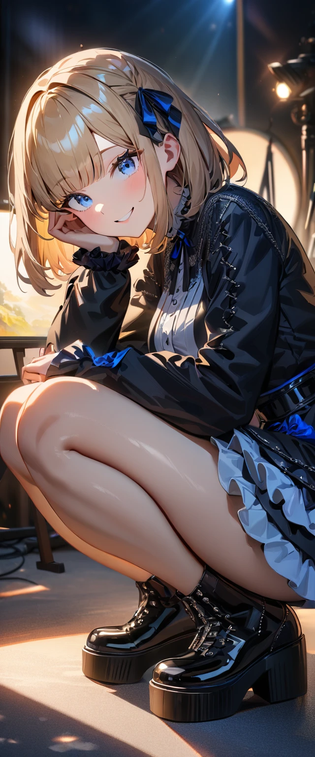 (((One girl))), Shibuya, streat, blond hair, bob cut, (looking at viewer), (((full body))), squatting, head rest, breasts, teenager, head tilt:1.3, (((blue eye))), constricted pupils, (from side:1.3), ((happy smile)), (((gothic lolita:1.3))), short dress, bare legs, ((black platform footwear)), hair ornament, hair ribbon, anime style, (best quality, 4k, 8k, highres, masterpiece:1.2, ultra-detailed, ultra-detailed eyes, HDR, UHD, studio lighting, ultra-fine painting, sharp focus, physically-based rendering, extreme detail description, professional, vivid colors, bokeh)
