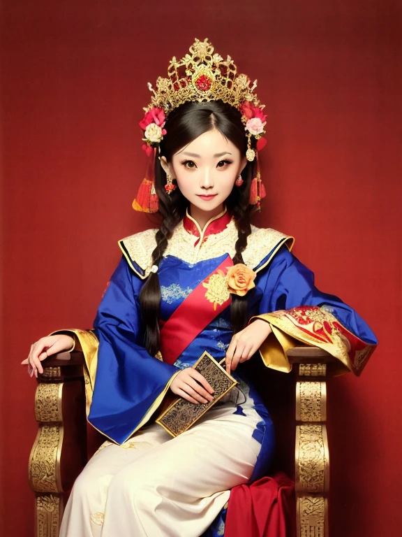 One girl, (Throne), (Liangbatou), Gorgeous, gold and silver, silk, gem, Flower and bird painting, Chinese ancient, Royal Family, Three-dimensional, Gorgeous,sitting, wide sleeves, Hand fan, dress, blurry, traditional media, red background, braid, traditional clothes, Cowboy Shot, 