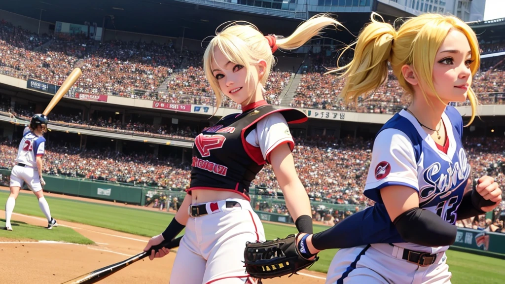 Courtesans happily playing baseball at Hanshin Koshien Stadium。smile、Blonde ponytail、armor
