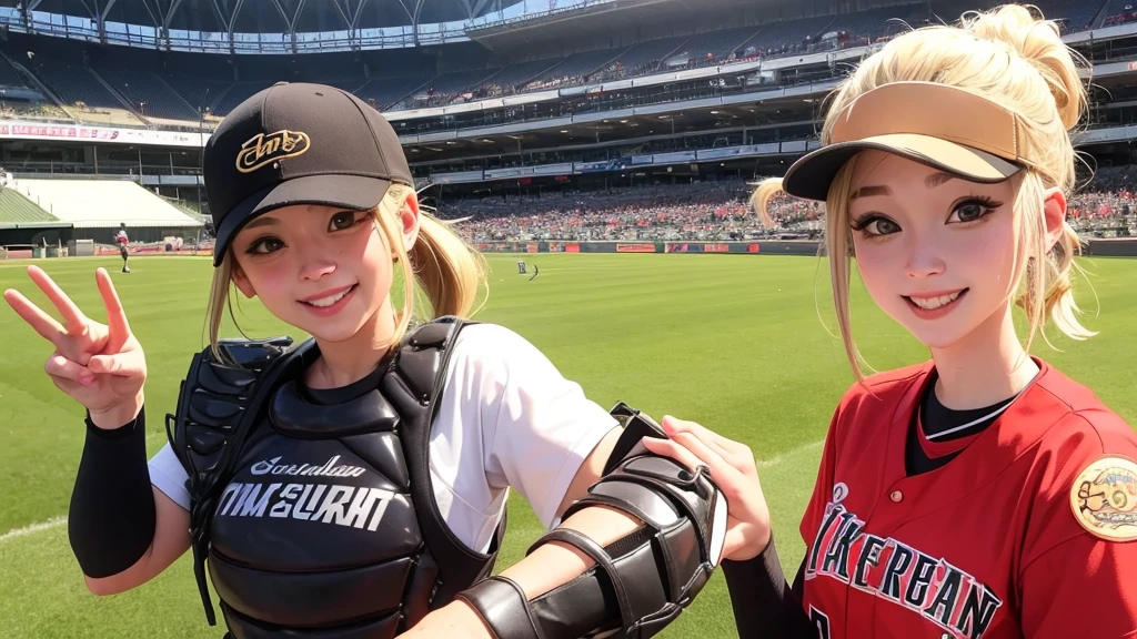 Courtesans happily playing baseball at Hanshin Koshien Stadium。smile、Blonde ponytail、armor