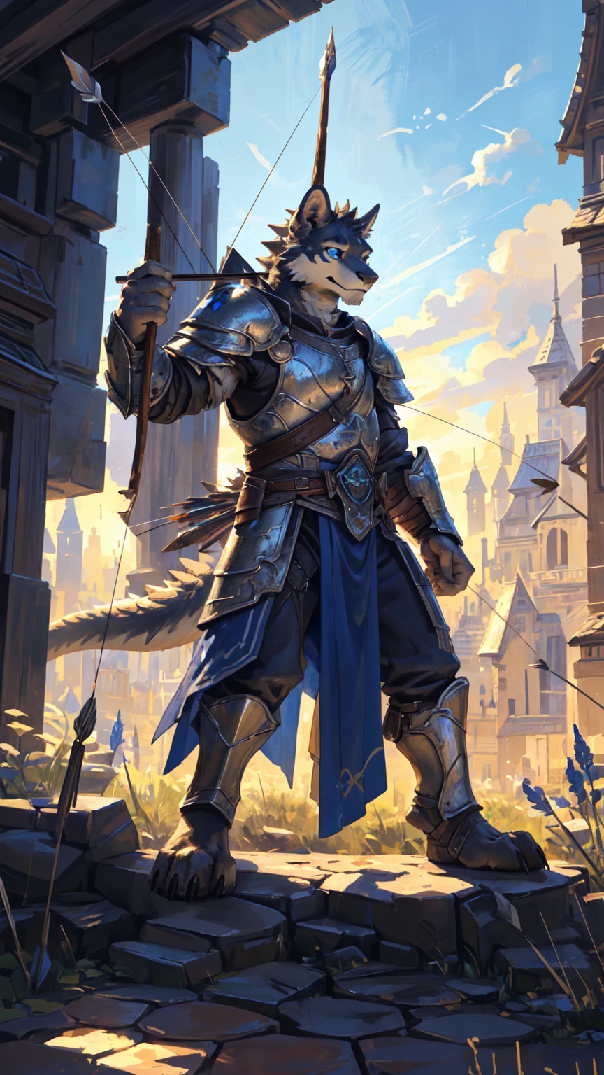 ((middle Ages:1.3，Range background:1.5))，Royal Family:1.2，((Holding a bow and arrow:1.5))，((sunny:1.4))，high resolution，4K，(((9:16 Whole body:1.1，Strike a pose:1.5)))，masterpiece，high quality，((Dragon Archer))，male，龙Furry，(teenager:1.3)，hairy，((Heroic and Calm:1.4))，(((Slender face:1.2，Lean:1.2，Long legs:1.3，Thick 龙 tail:1.2)))，(((Gray head:1.2，Blue pupils:1.2，neck:1.3，Gray Hands:1.4，muscle:1.3)))，(((White Armor:1.3，There is a blue flag on the armor:1.4)))，Exquisite eyes，Detailed body，Detailed hands，Detailed feet，Kenket&#39;s Art