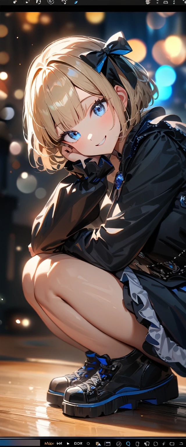 (((One girl))), Shibuya, streat, blond hair, bob cut, (looking at viewer), (((full body))), squatting, head rest, breasts, ager, head tilt:1.3, (((blue eye))), constricted pupils, (from side:1.3), ((happy smile)), (((gothic loli.3))), short dress, bare legs, ((black platform sneakers)), hair ornament, hair ribbon, anime style, (best quality, 4k, 8k, highres, masterpiece:1.2, ultra-detailed, ultra-detailed eyes, HDR, UHD, studio lighting, ultra-fine painting, sharp focus, physically-based rendering, extreme detail description, professional, vivid colors, bokeh)