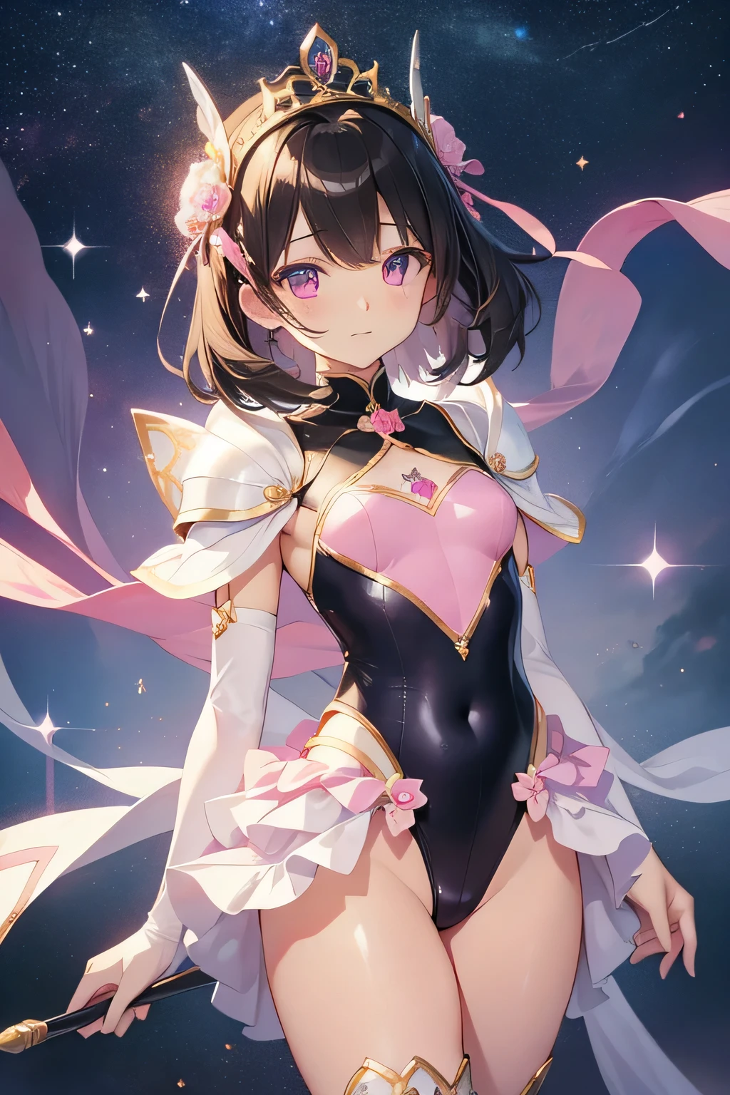 highest quality、Very delicate and beautiful、Very delicate and beautiful、(Beautiful eyes)、Pink Eyes、I、I、、13 years old 、Japanese、、Chiquita、(armor)、(Black Hair)、((Pink leotard))、(High leg)、Tiara on head、Laughter、standing、Look forward、((Background is heaven))