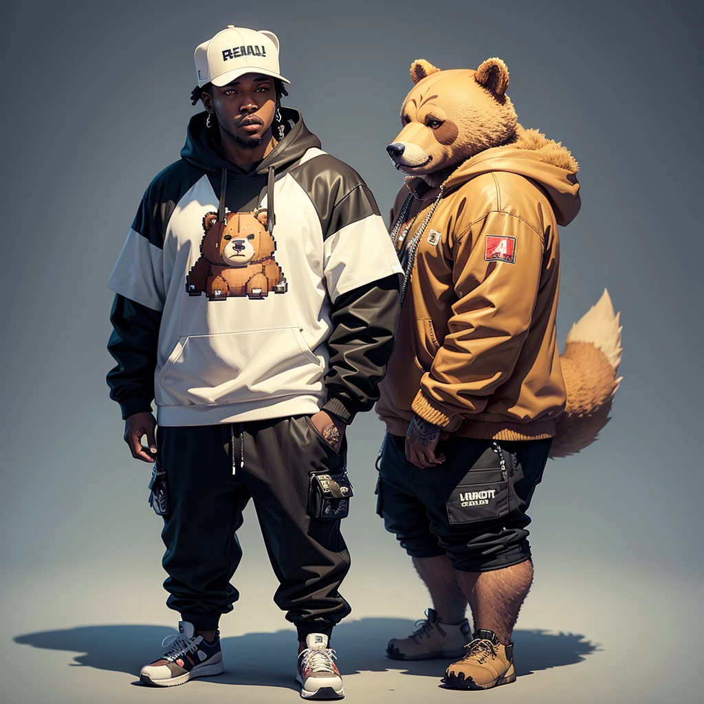 pixelart Generates an image of a Bad Bear , with current rapper style clothing, Show full body, Transparent background.