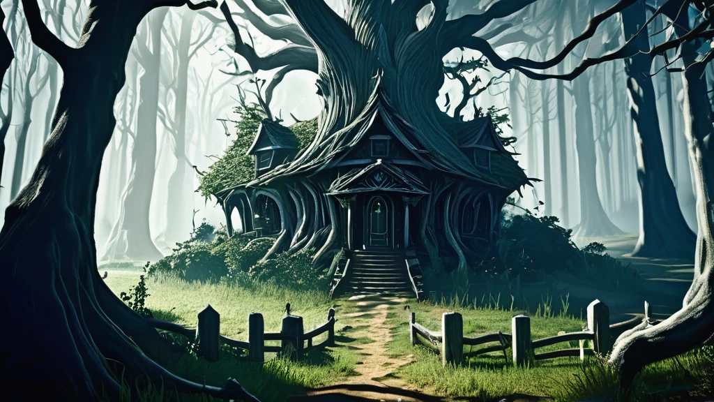 Hidden deep within the ominous shadows of the Blackwood Forest, where twisted branches claw at the sky and ancient oaks loom like guardians of forgotten secrets, stands a small witch's house