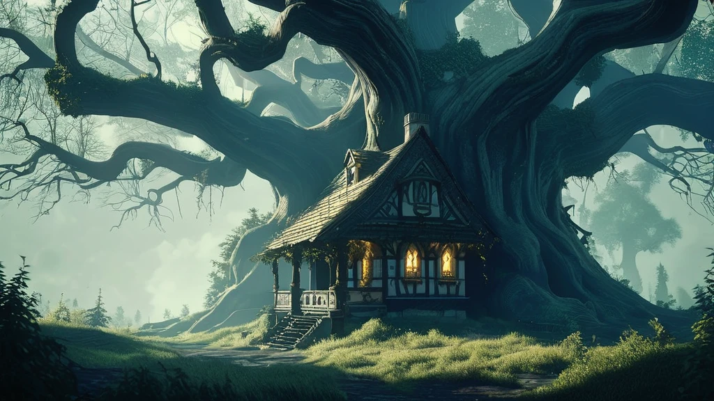 Hidden deep within the ominous shadows of the Blackwood Forest, where twisted branches claw at the sky and ancient oaks loom like guardians of forgotten secrets, stands a small witch's house