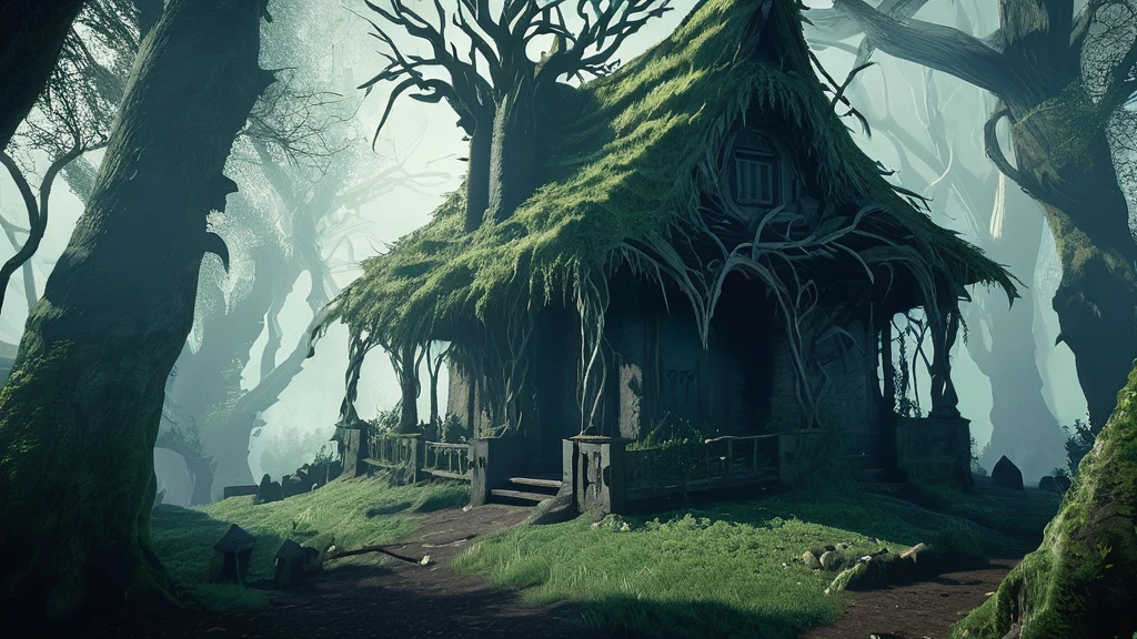 Hidden deep within the ominous shadows of the Blackwood Forest, where twisted branches claw at the sky and ancient oaks loom like guardians of forgotten secrets, stands a small witch's house