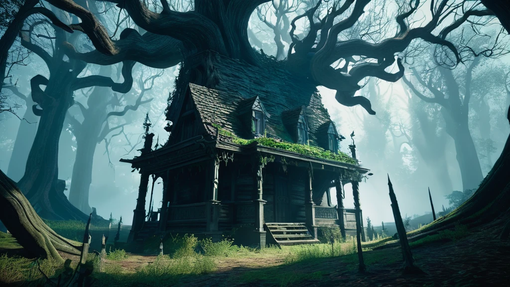 Hidden deep within the ominous shadows of the Blackwood Forest, where twisted branches claw at the sky and ancient oaks loom like guardians of forgotten secrets, stands a small witch's house