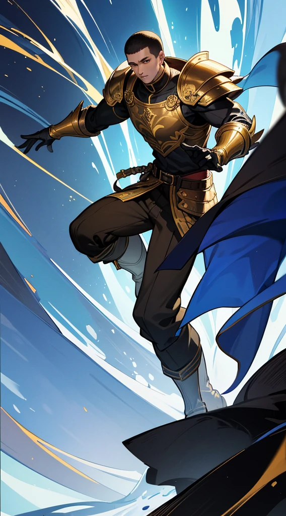 ten Handsome men, various characters, looks like characters, very short hair, ((crew cut: 1)), light skin, ((muscular: 1)), man, 28 years old, gold details, wide pants, black and brown belts , black boots, black gloves, cacaleiros clothes, parts of armor. blue light currents in the background, blue rays in the background.