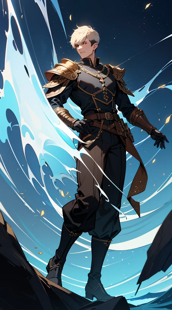 ten Handsome men, various characters, looks like characters, very short hair, ((crew cut: 1)), light skin, ((muscular: 1)), man, 28 years old, gold details, wide pants, black and brown belts , black boots, black gloves, cacaleiros clothes, parts of armor. blue light currents in the background, blue rays in the background.