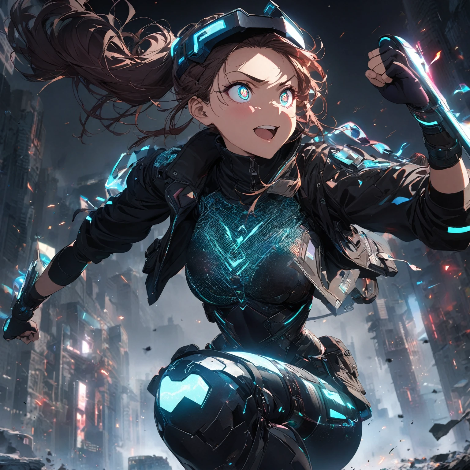A girl with an athletic build, (nude:0.8), in a dynamic pose showcasing agility, with an excited facial expression, wide sparkling eyes, a broad smile or shout, and clenched fists, wearing a sleek, fitted, armored bodysuit with reinforced segments and glowing circuitry patterns, a cropped, high-collar leather jacket with metallic studs, lightweight cyber-enhanced bracers with holographic interfaces, fingerless gloves with glowing runes, combat-ready pants with reinforced knee pads and utility pockets, a utility belt with a glowing buckle, high-tech shin guards with thrusters and retractable blades, sturdy knee-high combat boots with reinforced soles, her hair styled in a high ponytail or braided with metallic threads and glowing beads, a sleek augmented reality visor with metallic feathers, in a color scheme of dark tones with bright glowing accents, a short, asymmetrical color-changing cloak with glowing runes, and small mystical charms or amulets, in a dark and dramatic setting with a ruined cityscape or futuristic battleground, enhanced with sparks and energy surges illuminating the character and reflecting her fiery, powerful theme, with dynamic lighting emphasizing her energetic pose and excited expression, detailed gorgeous face| anime style| key visual| intricate detail| highly detailed| breathtaking| vibrant| panoramic| cinematic| Carne Griffiths| Conrad Roset| gibbli 8k