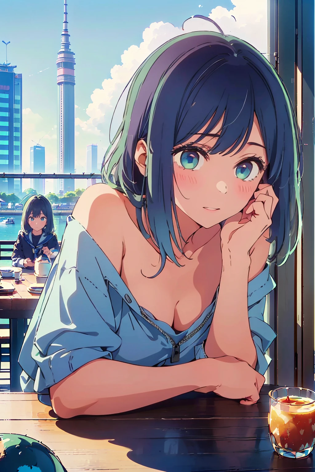 (Highest quality、masterpiece、超detailed、Ultra-high resolution、Absurd、Absolute Resolution、8K、detailed:1.4)、F cup bust、Big Breasts、Slim body、Very white beautiful skin、((((1 person、Surprised expression、sit、Chair、In the background are the urban buildings of Tokyo、looking at the camera、Outdoor café terrace、Navy hair color、juice、Shooting up close、Shooting from an angle、table、Very cute face))))、((((nude、Areola))))、(Pose with hands tucked behind ears:1.4、Cheek resting on hand:1.4)、(Off-the-shoulder blouson、Black blouson with zipper)、Very blue sky、A completely cloudless sky