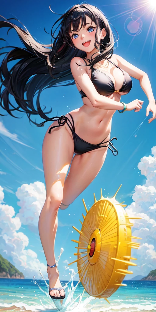 # Prompt for SeaArt
Create an anime-style illustration of a girl with the following characteristics:
- Wearing a black bikini
- Shoulder-length black hair
- Blue eyes
- Energetic and smiling
- Running towards the viewer
Background:
- A sunny beach during the day
Art style:
- Bright and colorful anime style with emphasis on the character's expression and movement