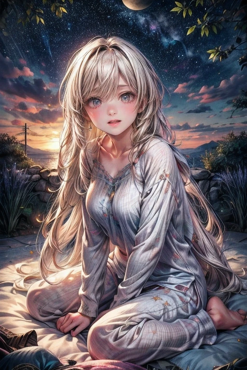 masterpiece: 1.2, highres, highest quality, 16k, ultra-realistic, photorealistic: 1.37, beautifully detailed, vibrant colorful, colorful, colorful: 1.3 perfect composition, pleasant, yawning: 1.5, hand on mouth: 1.2, cute fangs: 1.2, exposed to the wind a girl with messy white hair, wearing loose pajamas:1.2, sitting in a state of hurray on a bed with soft pillows, a huge moon and a sea of stars behind her, long white hair, closed eyes, blushed cheek, nature volumetric lighting and best shadows, deep depth of field, sharp focus, Stunning full-body beautiful cute girl, navel:1.2, soft delicate beautiful charming face with seductive black eyes, middle breasts, sharp eyes liner, long eyelash, bloom, eyelash, open mouth