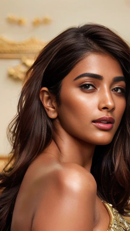 extreme close up photo of semi naked Pooja hegde,slim, 30 year old, bikini, bedroom, intricate details, (ArtStation:1.2),((extremely beautiful face)), fleshy body and face