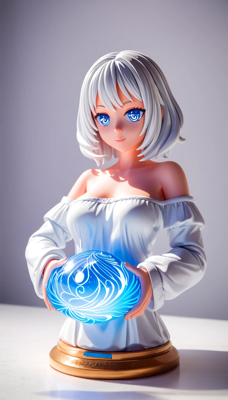 Sleet(Blue base color, white hair)、(Medium Hair)、White skin、((Long sleeve off-the-shoulder clothing))resolution, unity 8k wallpaper, (figure:0.8), (Detailed and beautiful eyes:1.6), Highly detailed face, Perfect lighting, Extremely detailed CG, (Perfect hands, Perfect Anatomy), ,